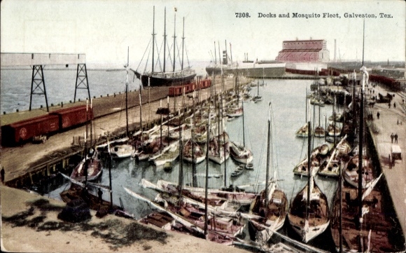 Ansichtkaart Galveston Texas USA, dokken, muggenvloot