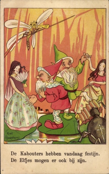 Artist Postcard Raaphorst, Riek, dwarves dancing with fairies, dragonfly playing trumpet, spider on accordion