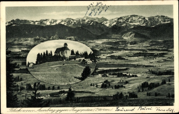 Postcard Bernbeuren in Upper Bavaria, Auersberg, Church of St. George, Panorama, Zugspitze