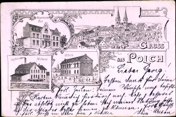 Litho Polch Rheinland Pfalz, Bürgermeisteramt, Molkerei, Schule