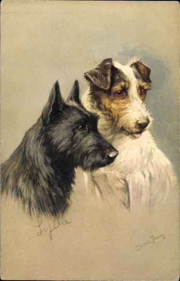 Artist Postcard dog portrait, two terriers
