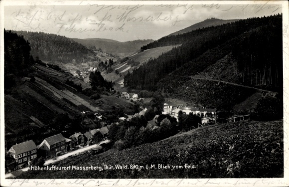 Postcard Masserberg in Thuringia, high altitude health resort Thuringia, view from the rock, mountains, valley