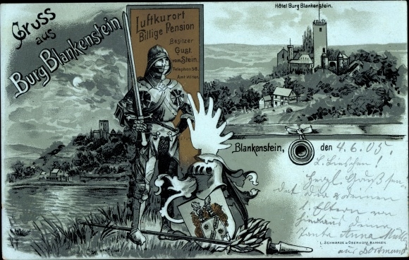 Coat of arms Moonlight Chromo-Litho Blankenstein Hattingen in the Ruhr area, Blankenstein Castle, hotel, knight