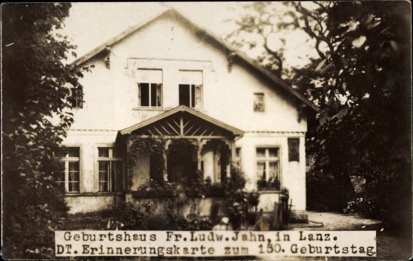 Postcard Lanz in der Prignitz, birthplace of Friedrich Ludwig Jahn, gymnastics father Jahn, 150 birthday