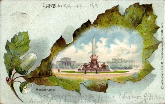 Glitter Oak Leaf Chromo-Litho Leipzig in Saxony, view of the Mendebrunnen