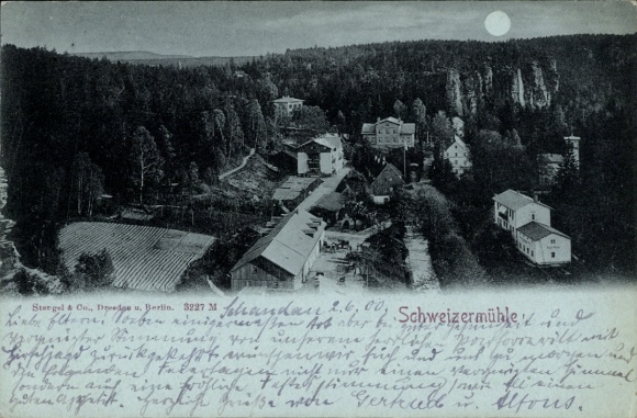 maanlicht Ak Schweizermühle Rosenthal Bielatal Saksisch Zwitserland, panorama vanuit de stad