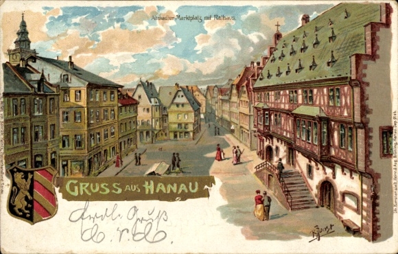 Präge Wappen Künstler Litho Joost, R., Hanau im Main Kinzig Kreis Hessen, Marktplatz mit Rathaus