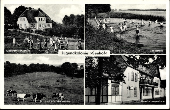 PC Plön in Holstein, Seehof youth colony of the Salvation Army, bathing beach, view over the pastures