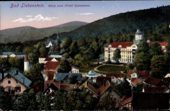 Postcard Bad Liebenstein in the Thuringian Forest, view from the Hotel Quisisana, idyllic landscape, buildings