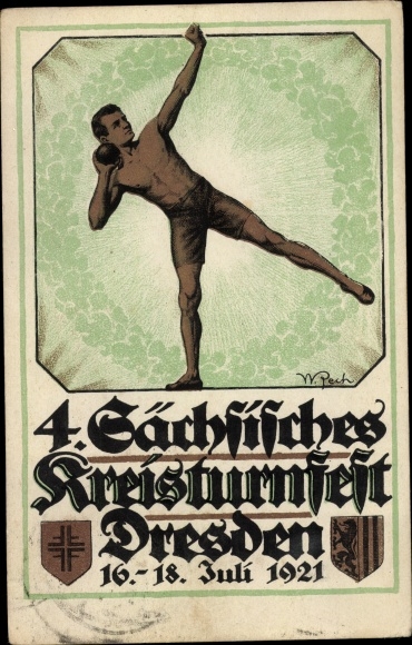 KP artystyczna W. Pech, Drezno, 4. Saxon. Kreisturnfest 1921, Festsportkarte nr 1, Kulomiot