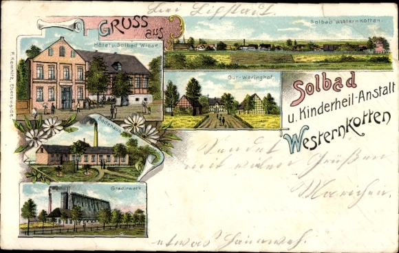 Chromo-Litho Westernkotten Erwitte in Westphalia, brine bath, children's hospital, graduation tower, bathhouse