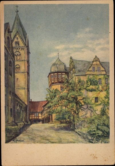 Artist Postcard Schewe, M., Quedlinburg in the Harz Mountains, Castle, Cathedral