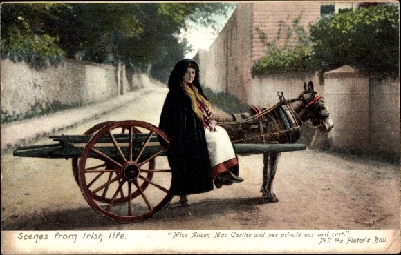 Postcard Scenes from Irish Life, Miss Aileen Mac Carthy and her private ass and cart, Irish costume, donkey