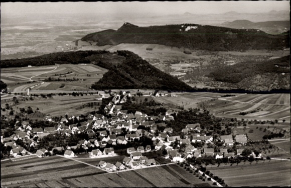 Postcard Erkenbrechtsweiler Swabian Alb, landscape photograph, mountain view, village with houses, fields