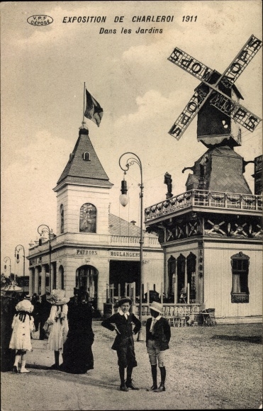 Postcard Charleroi Wallonia Hainaut, Exposition 1911, Jardins, Windmill
