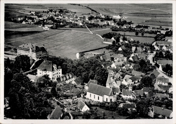 Postcard Reimlingen in Swabia, aerial view of Reimlingen, church, old buildings, rural surroundings
