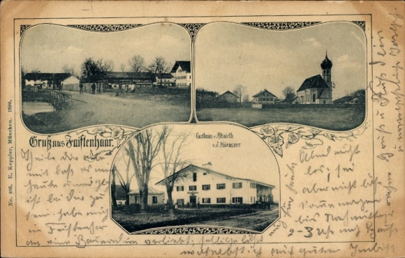 Ak Faistenhaar Brunnthal in Oberbayern, Gasthaus, Kirche, Straßenpartie