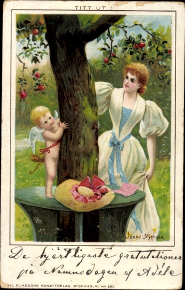 Artist Chromo-Litho Nyström, J., Young woman and Eros in the garden, hat, tree, arrows, bow, hide-and-seek