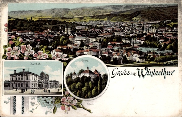 Chromo-Litho Winterthur Kt Zurich Switzerland, train station, Kyburg, total view