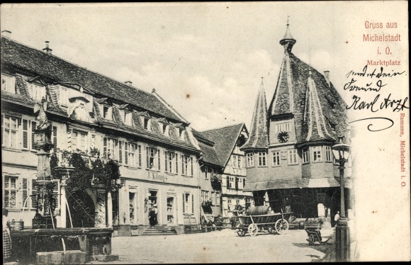 PC Michelstadt im Odenwald, market street, fountain, action
