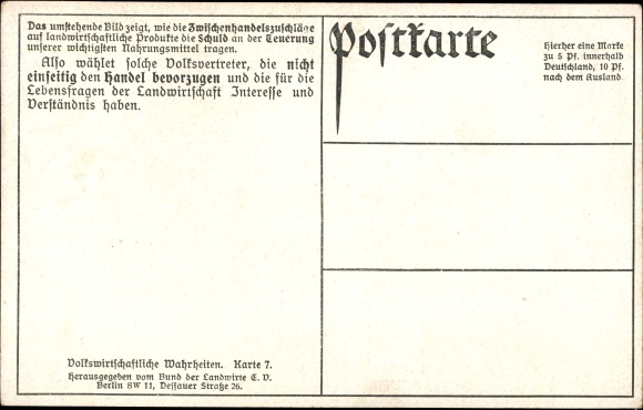 Postcard intermediate trade surcharges on agricultural products in Berlin, meat, bread, milk