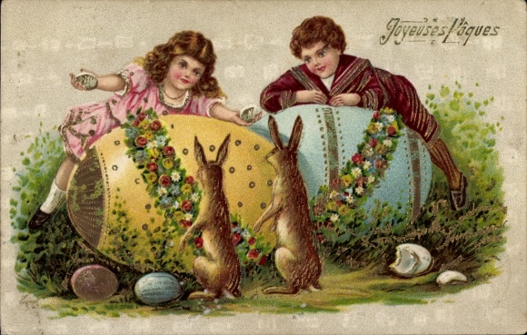 Glitter Embossed Postcard Congratulations Easter, Easter Bunny, Children, Easter Eggs