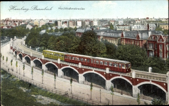 Postcard Hamburg Nord Barmbek, elevated railway line, panorama