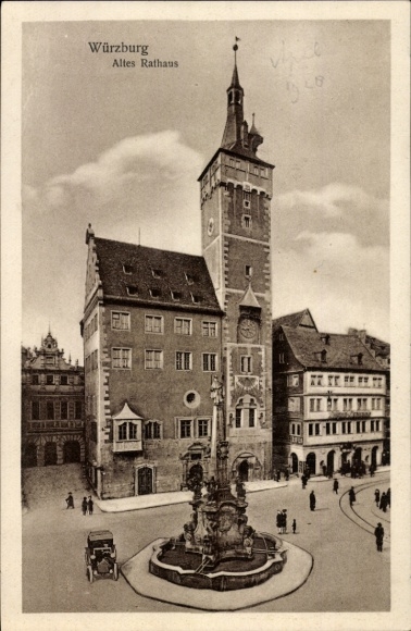 Postcard Würzburg am Main Lower Franconia, Old Town Hall, fountain, architecture, people, car