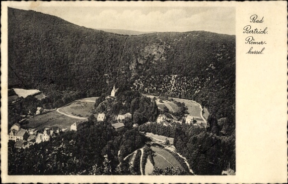 Postcard Bad Bertrich on the Mosel Eifel, landscape view, Rad Bertrich, Romerkessel, church, houses