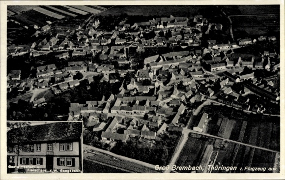 Postcard Großbrembach Buttstädt in Thuringia, aerial photograph, restaurant and butcher shop W. Gengebach
