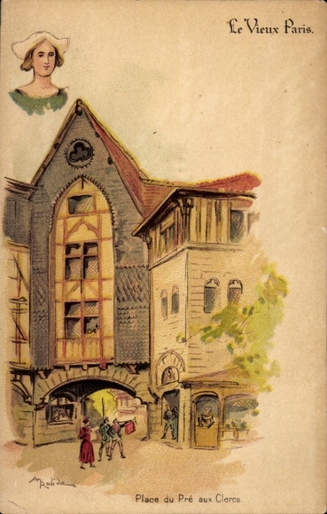 Artist Chromo-Litho Robida, Albert, Paris, Chocolat Guerin Boutron, advertising, Cour du Pre aux Clercs