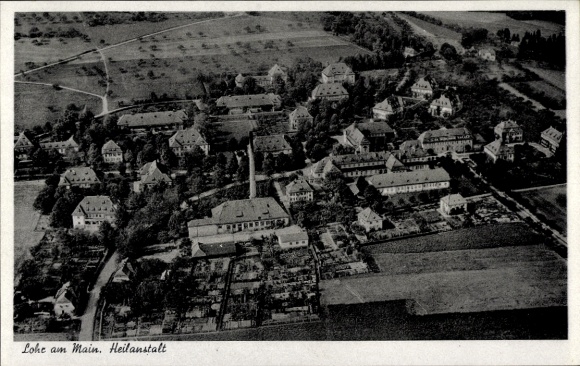 Postcard Lohr am Main Lower Franconia, aerial photograph, sanatorium
