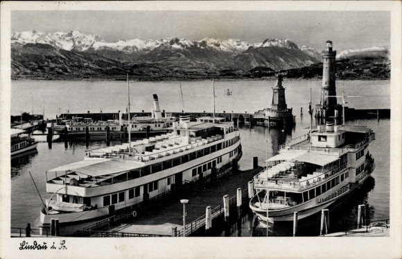 Ak Lindau im Bodensee, Hafen mit Signalturm und Dampfer