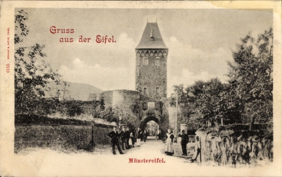 Postcard Bad Münstereifel in North Rhine Westphalia, gate, tower, passers-by