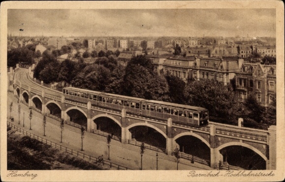 Postcard Hamburg Nord Barmbek, elevated railway line, elevated railway in motion
