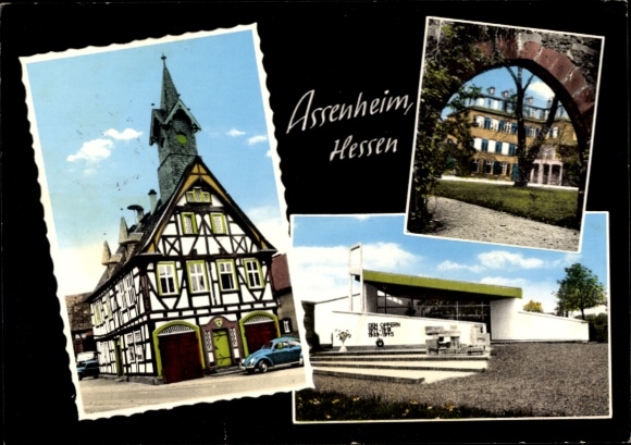 Postcard Assenheim Niddatal Hesse, town hall, half-timbered house, castle, memorial