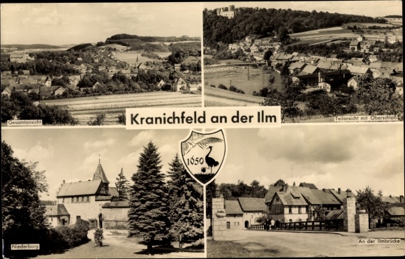 PC Kranichfeld in Thuringia, Niederburg, partial views, on the Ilm Bridge, coat of arms