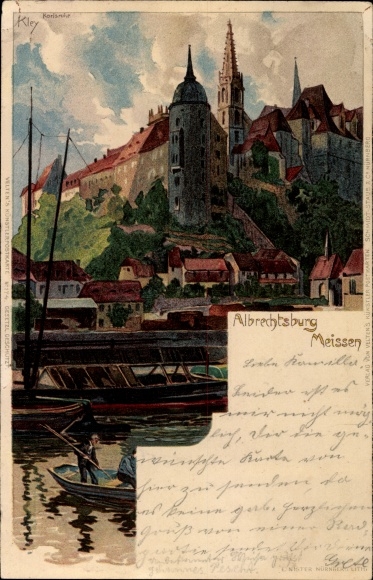 Artist Chromo-Litho Kley, Heinrich, Meissen in Saxony, view of the Albrechtsburg