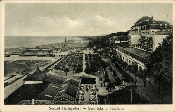 Postcard Ostseebad Heringsdorf on Usedom, seaside resort pier, spa house, beach promenade