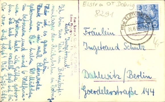 Postcard Elstra in Upper Lusatia Saxony, Waldschänke Zur Fünfe, building with tree, street, meadow,