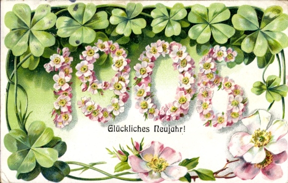 Embossed PC Happy New Year, year 1906, clover leaves