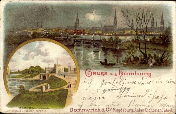 Moonlight Chromo-Litho Hamburg, Panorama, Feenteichbrücke Uhlenhorst