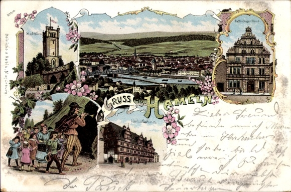 litho Hameln aan de Weser Nedersaksen, rattenvangerhuis, Klütturm, trouwhuis, totaalbeeld