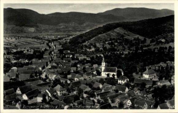 Postcard Zunsweier Offenburg in Baden Black Forest, aerial view of Zunsweier, churches, mountains, rural