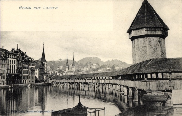 Postcard Lucerne City Switzerland, bridge, water tower