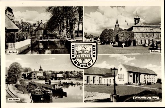 PC Boizenburg on the Elbe, port, town hall, Am Wall, Kurt Bürger cultural center, coat of arms