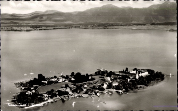 Postcard Frauenchiemsee Fraueninsel Chiemsee Upper Bavaria, aerial view of the Fraueninsel, mountains in the background