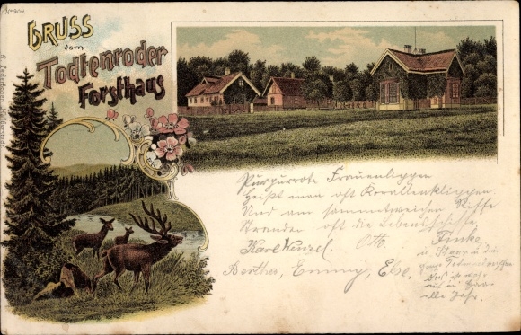 Chromo-Litho Altenbrak Thale Harz, view of the Todtenroder forester&#39;s lodge, deer