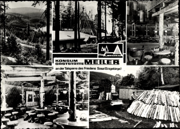 Postcard Sosa Eibenstock in the Ore Mountains, consumer restaurant Meiler, dam of peace