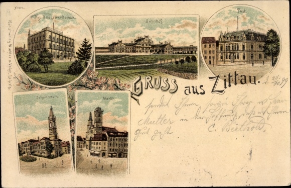 Litho Zittau in Sachsen, Kgl. Baugewerkschule, Bahnhof, Post, Johanneum, Markt